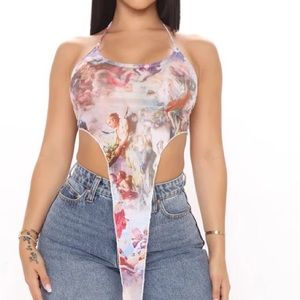 TRAGIC TALE MESH PRINT HALTER TOP - IVORY/COMBO (M)